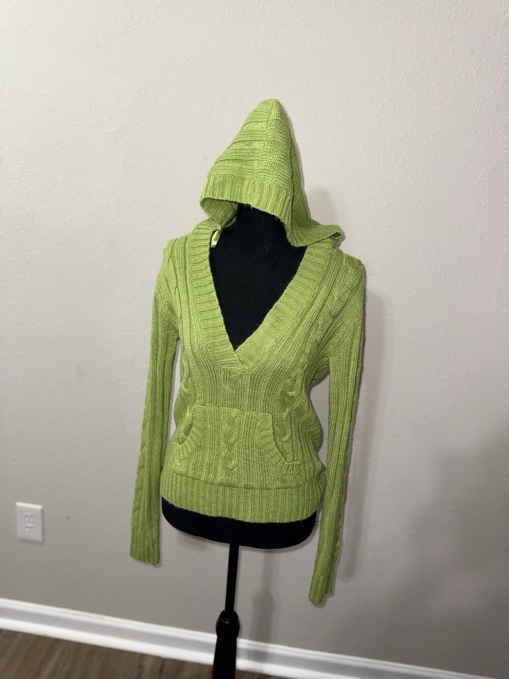 VTG Y2K Aeropostale Cable Knit Hoodie Sweater V-Neck Green Boho Small Fairycore